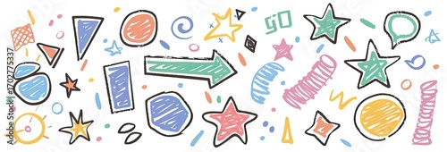 A playful collection of hand-drawn shapes, stars, and symbols in vibrant colors, scattered across a white background, evoking a sense of childlike creativity and energy