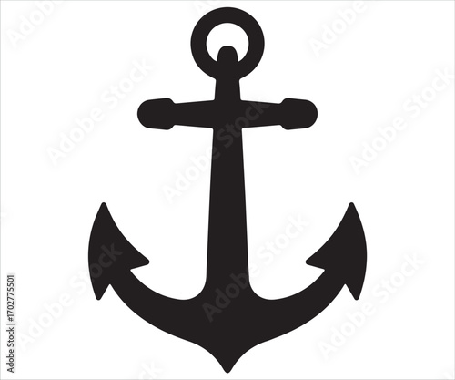 Black silhouette of anchor isolated on white background, vector illustration symbolizing nautical theme, sea, ocean, ship, stability, strength, sailing, harbor, hope, marine navigation, and maritime d