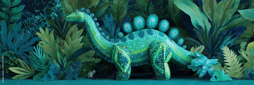 Obraz premium Decorative Green Stegosaurus Stands Among Paper Plants in a Teal Environment, Depicting an Interesting Scene