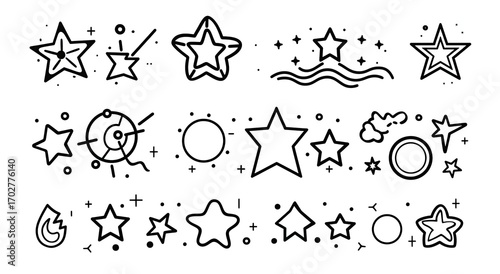 A collection of hand-drawn star and celestial-themed illustrations, varying in style and detail