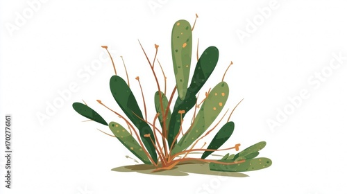 Close-up macro of fresh green aloe vera plant leaves in a pot with a small flower and cactus isolated on white background