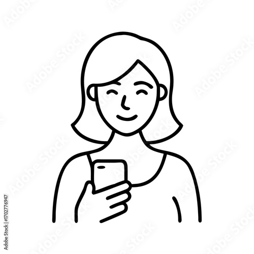 Girl with mobile phone icon – vector female user communication symbol.
