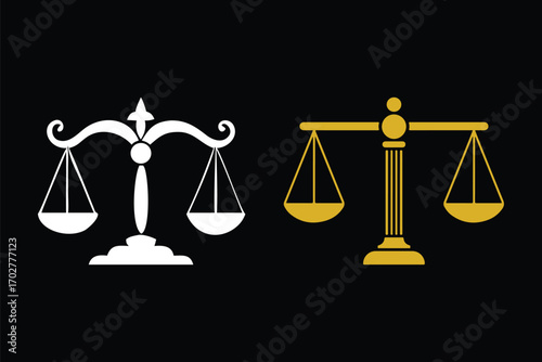 White and Gold Scales of Justice Icons on Black Background legal balance