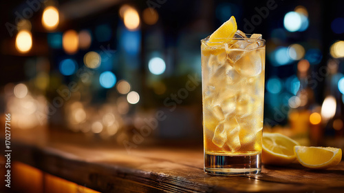 Realistic Japanese highball cocktail on wooden bar counter, filled with ice cubes, lemon wedge garnish, soft evening bar lighting