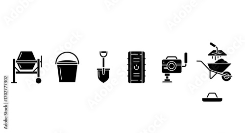Construction Tools Icons Set Mixer, Bucket, Shovel, Grinder