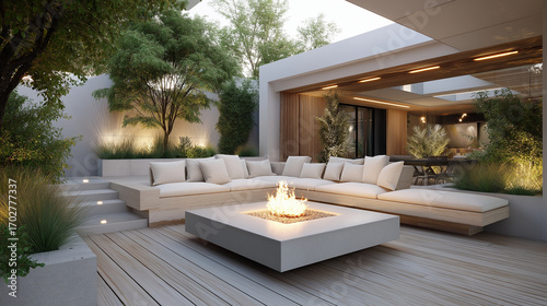 Modern outdoor patio with wooden deck, clean-lined furniture, fire pit centerpiece, surrounding greenery, evening ambient lighting 3D rendering