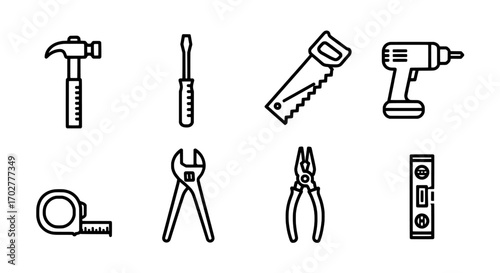 Handyman Tools Line Icons Hammer, Saw, Drill, Screwdriver & More