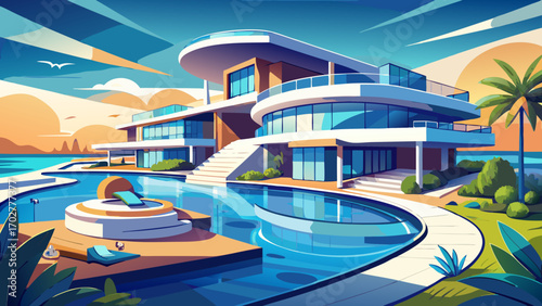 Exclusive waterfront mansion featuring sleek concrete forms, wraparound balconies, and infinity-edge pools merging with the horizon’s blues.