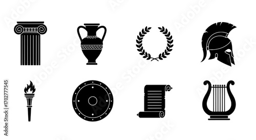 Ancient Greece Symbols Column, Vase, Laurel Wreath, Helmet & More Icon Set