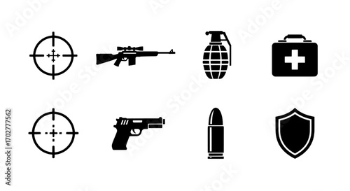 Weapons and Medical Icons Aim, Rifle, Grenade, Kit, Pistol, Bullet, Shield
