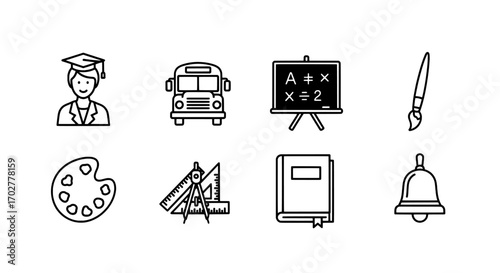 School Supplies Vector Icons Education, Tools and Equipment Line Art