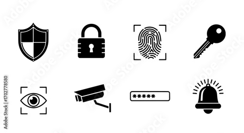 Security and protection icons set shield, lock, fingerprint, key, eye, camera, code and bell