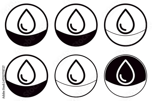 Six oval icons displaying water droplets with varying fill levels and outlines in black and white