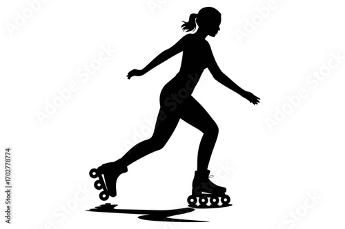 Silhouette of a woman roller skating with her arms outstretched for balance on a white background