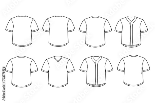 Illustration showing a variety of different t shirt designs with short sleeves and necklines
