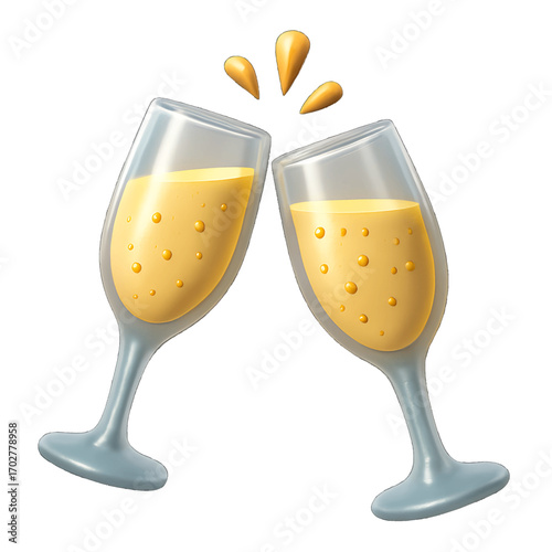 3D plastic icon of floating champagne flutes isolated on transparent background