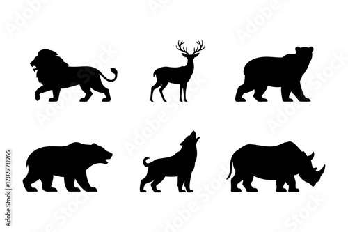 Silhouette illustration of lion, deer, bear, wolf and rhino animals in a row on white background
