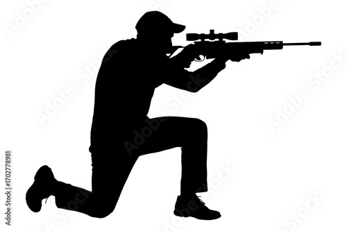Silhouette of a kneeling man in a cap aiming a rifle with a scope against a white background