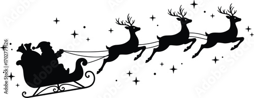 Silhouette of Santa Claus riding sleigh pulled by three reindeer with stars scattered around, festive Christmas holiday illustration