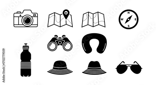 Essential Travel and Adventure Icons Set for Vacation Planning and Global Exploration