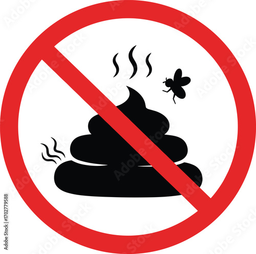 No poop sign with red prohibition circle, black poop silhouette, fly, and stink lines, clean environment symbol