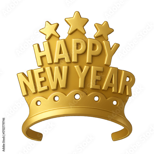 3D plastic icon of "Happy New Year" tiara isolated on transparent background