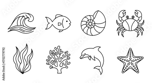 Sea Life Icons Minimalist Black and White Outlines of Marine Animals and Plants