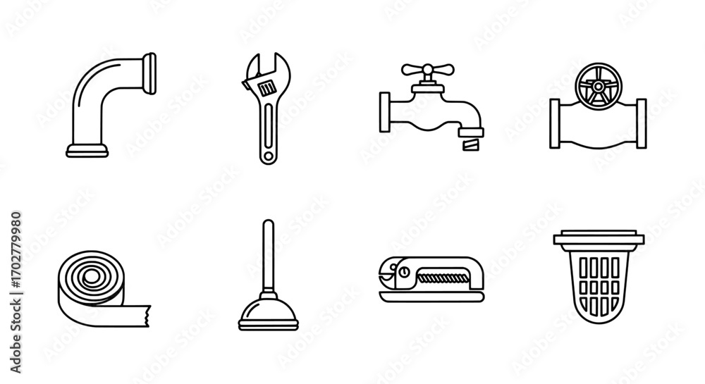 Obraz premium Collection of essential plumbing fixtures and handy household repair tools in outline icon style