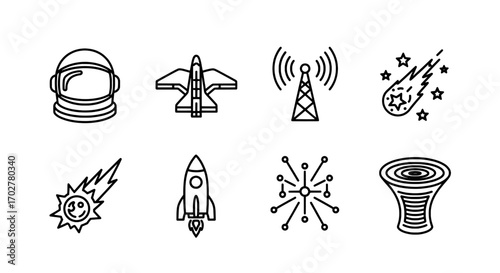 Set of Space and Weather Icons Astronaut, Rocket, Tornado, and More