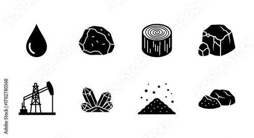 Diverse Collection of Natural Resources and Raw Materials Icons Representing Energy and Industrial Elements