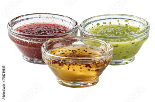Three small glass bowls of sauces, one red, one green, and one amber, likely for dipping or topping