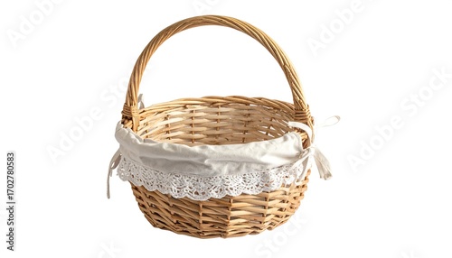 Round wicker basket with white lace trim