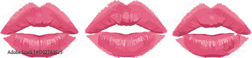 Three pink lips illustrations in a row, showcasing glossy texture and shading, symbolizing beauty, femininity, and sensuality