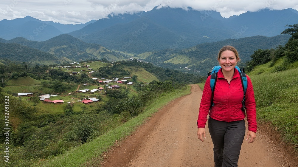 Naklejka premium A smiling hiker walks along a dirt path in a mountainous landscape, with a village visible below, showcasing adventure and exploration, Ideal for travel articles, outdoor gear promotions