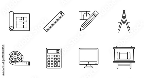 Set of linear icons for architecture, engineering, and drafting projects