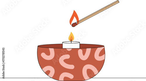 Cartoon candle lighting illustration with matchstick, decorative bowl, and warm flame for ambiance, ceremony, wellness, and home design