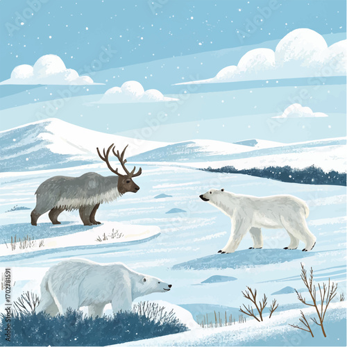 Illustration of Polar Bears and Reindeer in Snowy Arctic Landscape