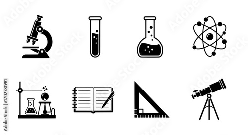 Science and Education Icons Microscope, Test Tube, Notebook & More