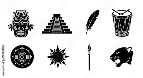 Aztec Culture Elements Vector Icons Set