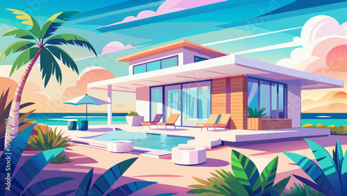 Bright contemporary beach villa with airy interiors, subtle pastel accents, and shaded outdoor lounge, set against a backdrop of gentle waves and endless sky.