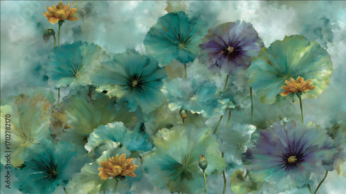 serene seamless pattern of stylized water lilies (suiren) and lily pads in shades of green and purpl