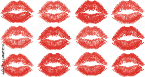 Collection of red lipstick kiss prints arranged in a 3 by 4 grid pattern, symbolizing love and affection