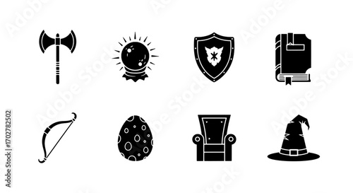 Fantasy Items Black Silhouette Icon Set