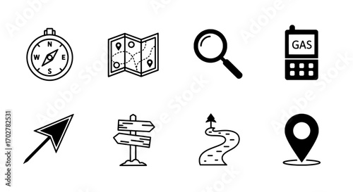 Travel and Navigation Icons Compass, Map, Magnifier, Gas Station, Arrow, Signpost