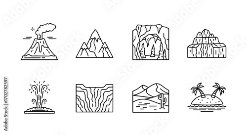 Diverse Landscape Icons Volcano, Mountains, Cave, Waterfall, and Island