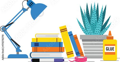 Desk scene with lamp, books, plant, glue, and stationery—ideal for study themes, office design, education, and creative workspace content.