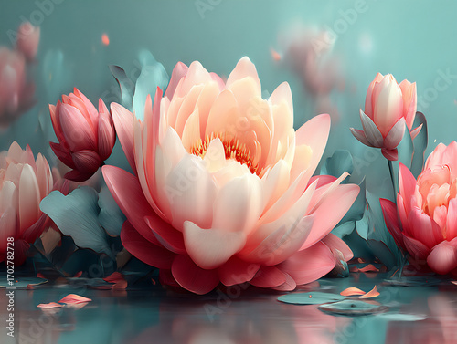 serene seamless pattern of stylized lotus flowers and leaves in soft pink and green on a calm water