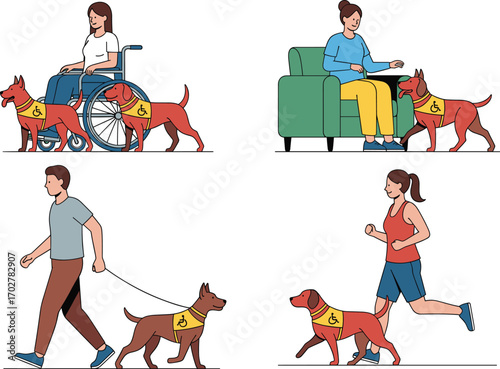 Service dog helping people in daily life activities—wheelchair, walking, jogging, petting—showing support, care, and companionship in cartoon style
