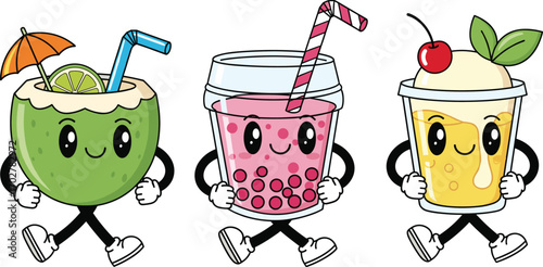 Cartoon drinks with smiling faces—coconut, bubble tea, and smoothie—perfect for summer themes, kids’ content, and beverage design.