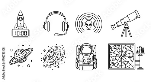 Astronomy Icons Space Exploration and Alien Communication Outlines
